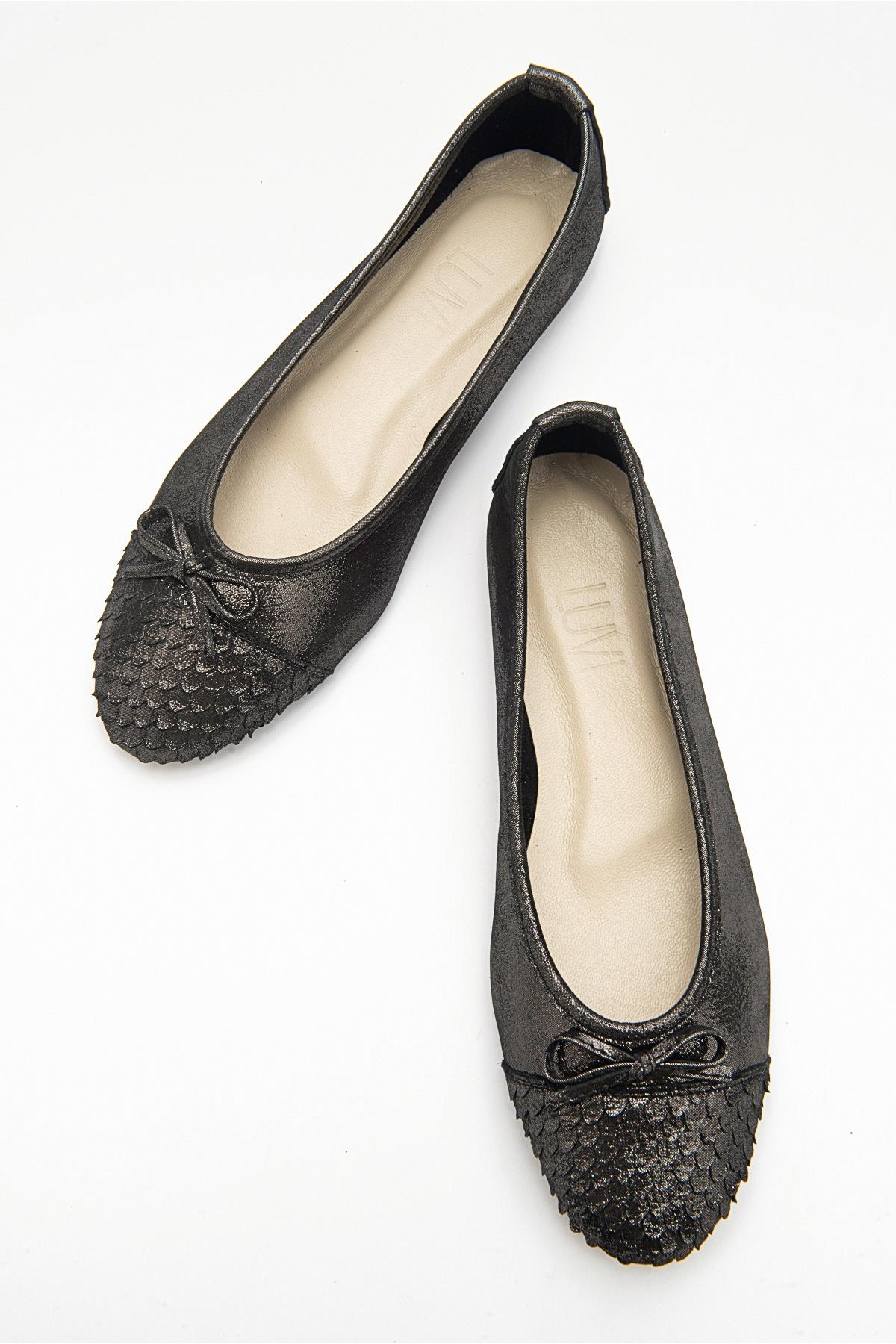 02 - Black Glitter Genuine Leather Ballet Flat (Women) - Image 2