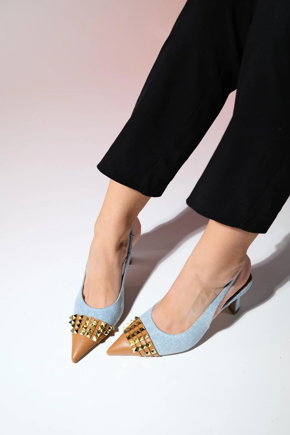 Aella - Denim Blue & Cognac Pointed Toe High Heel Shoe (Women) - Image 6