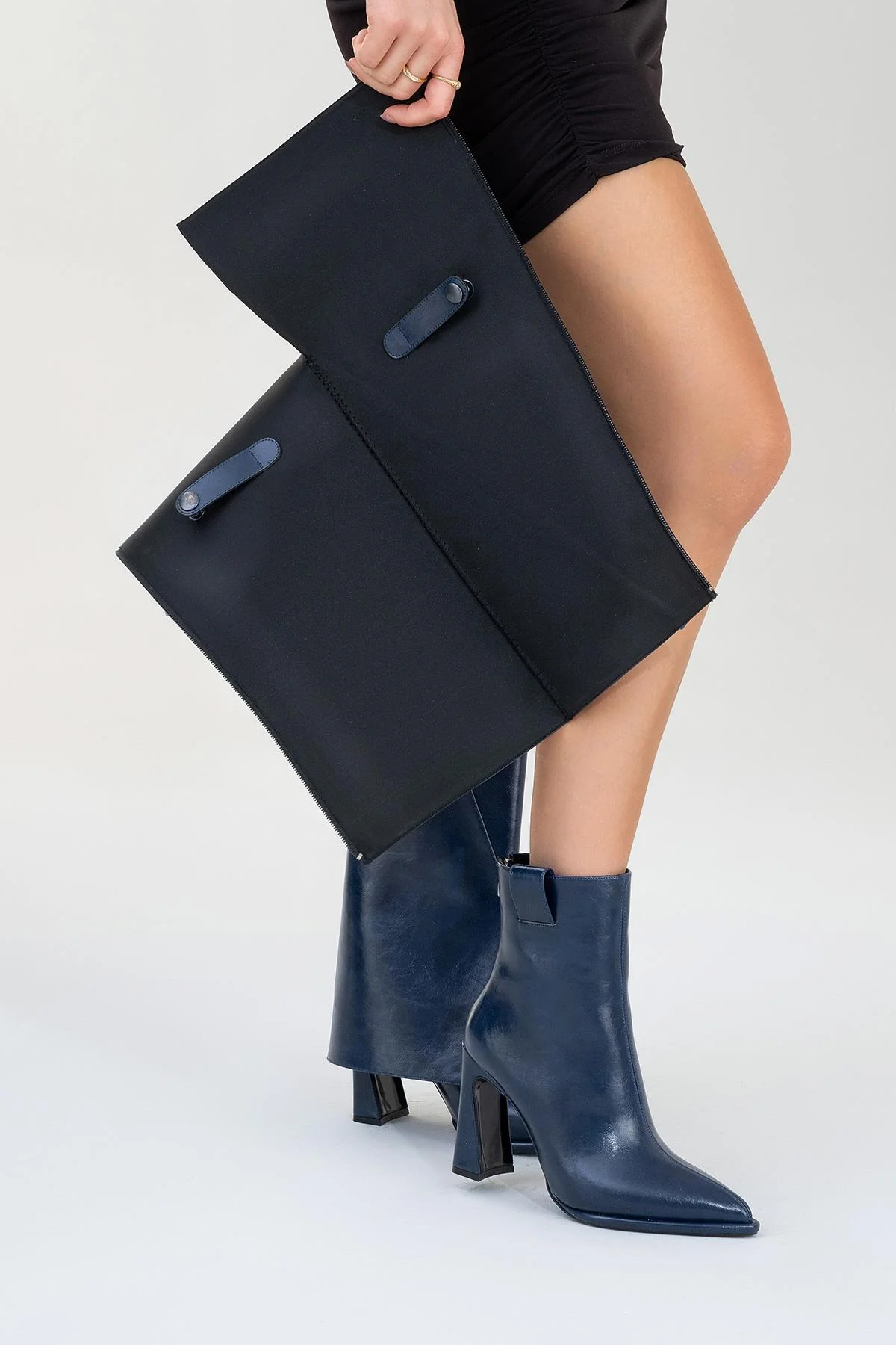 Aja - Navy Block Heel Convertible Knee-High Boot (Women)