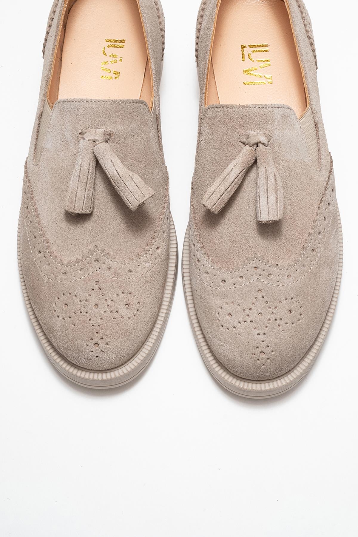 Alex - Beige Suede Genuine Leather Tassel Elastic Loafer (Women) - Image 2