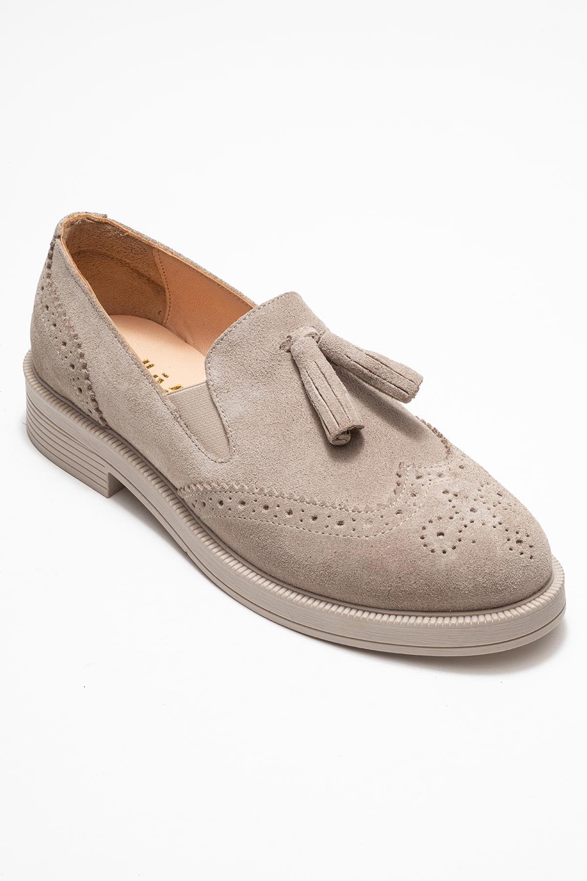 Alex - Beige Suede Genuine Leather Tassel Elastic Loafer (Women) - Image 3