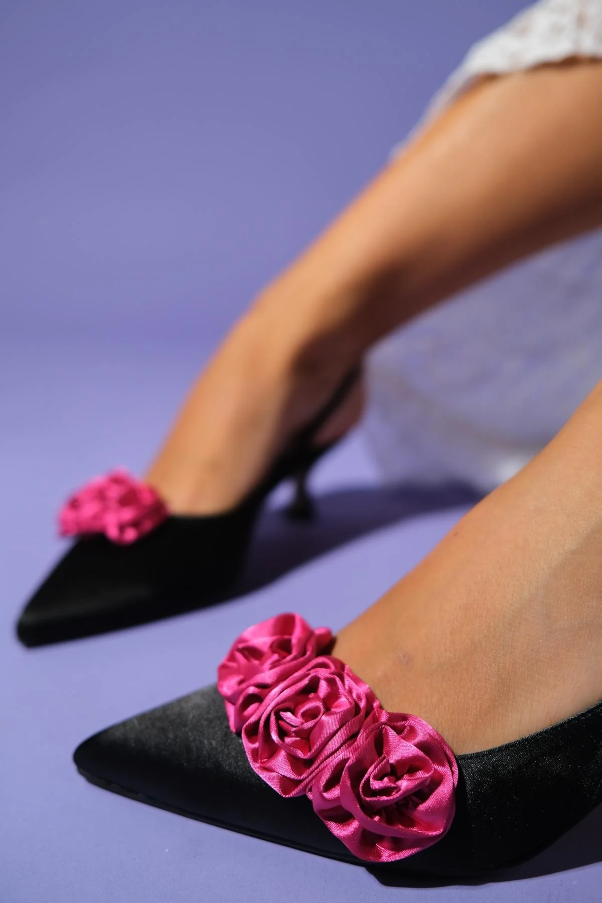 Alexa - Black Satin/Fuchsia Floral Heeled Shoe (Women) - Image 2