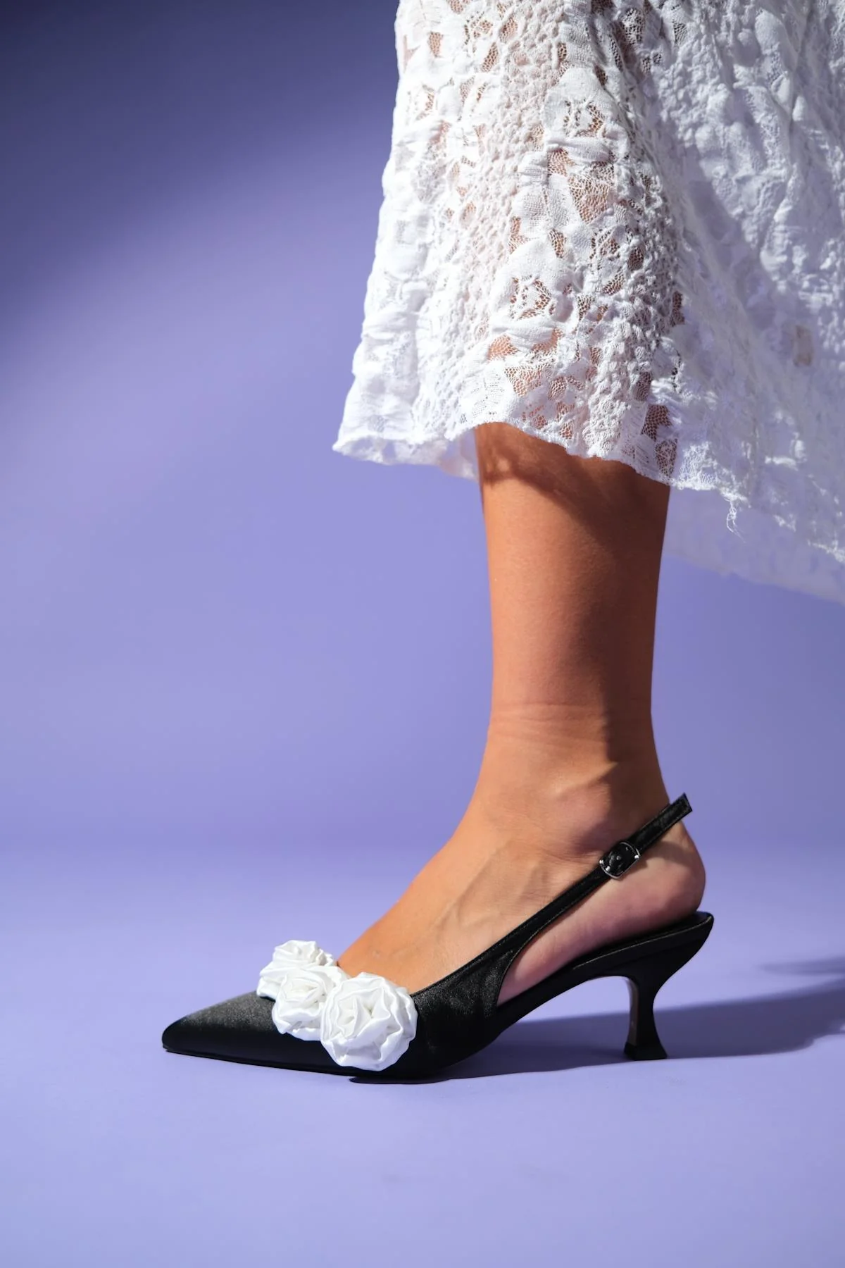 Alexa - Black Satin/White Floral Heeled Shoe (Women) - Image 3