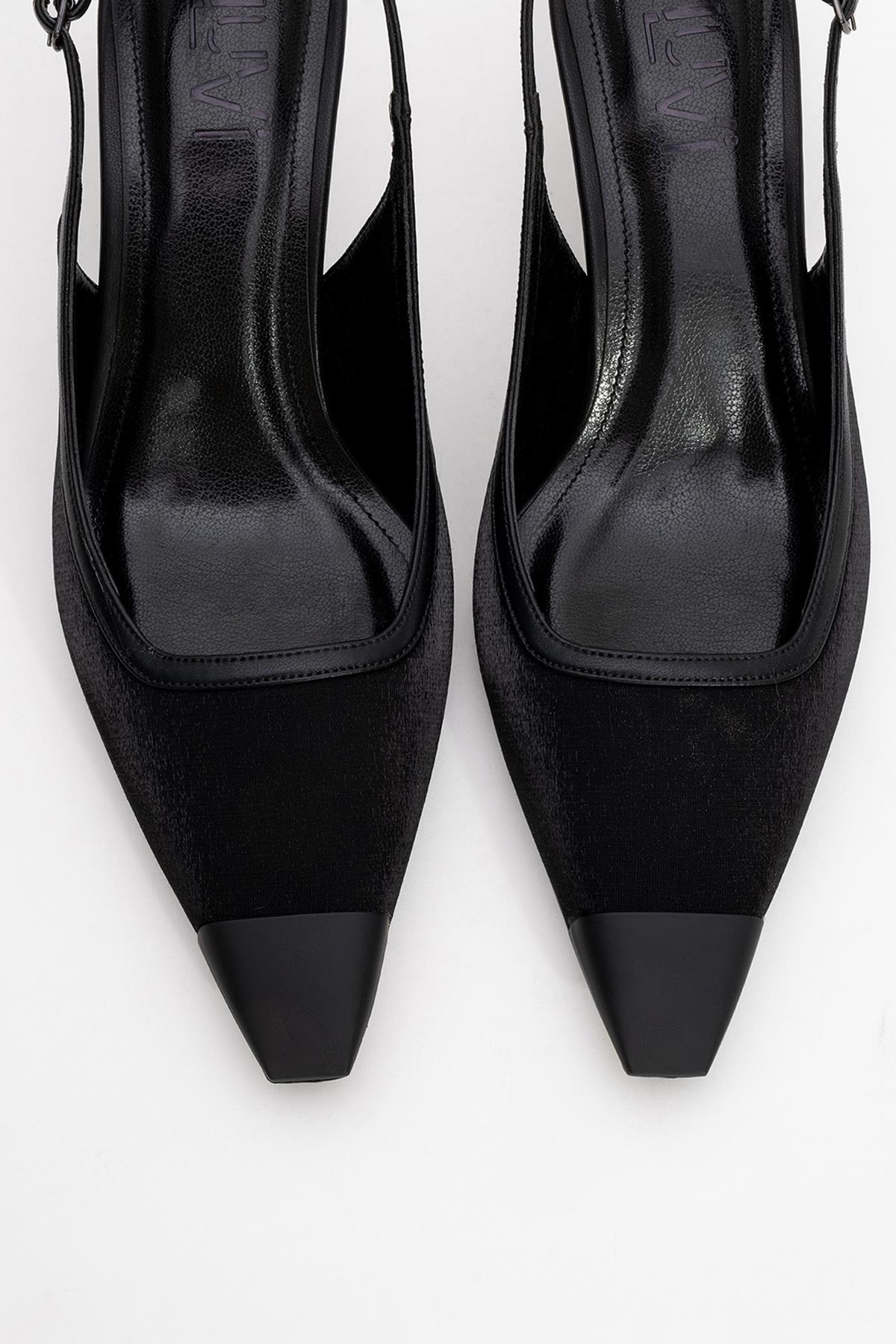 Alive - Black Satin Matte Toe Detail Heeled Shoe (Women) - Image 2