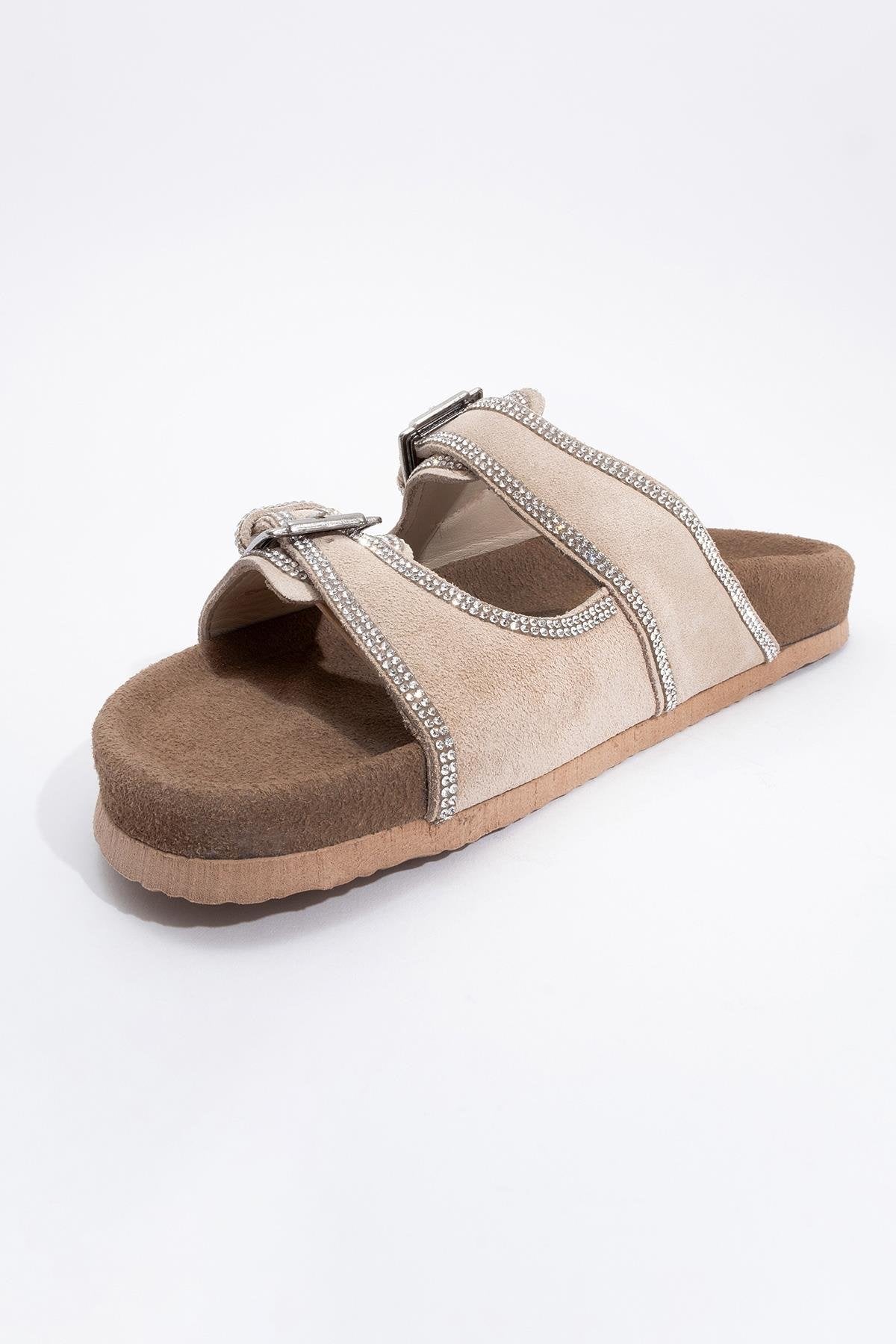Allen - Beige Leather Rhinestone Slide Sandal (Women) - Image 3