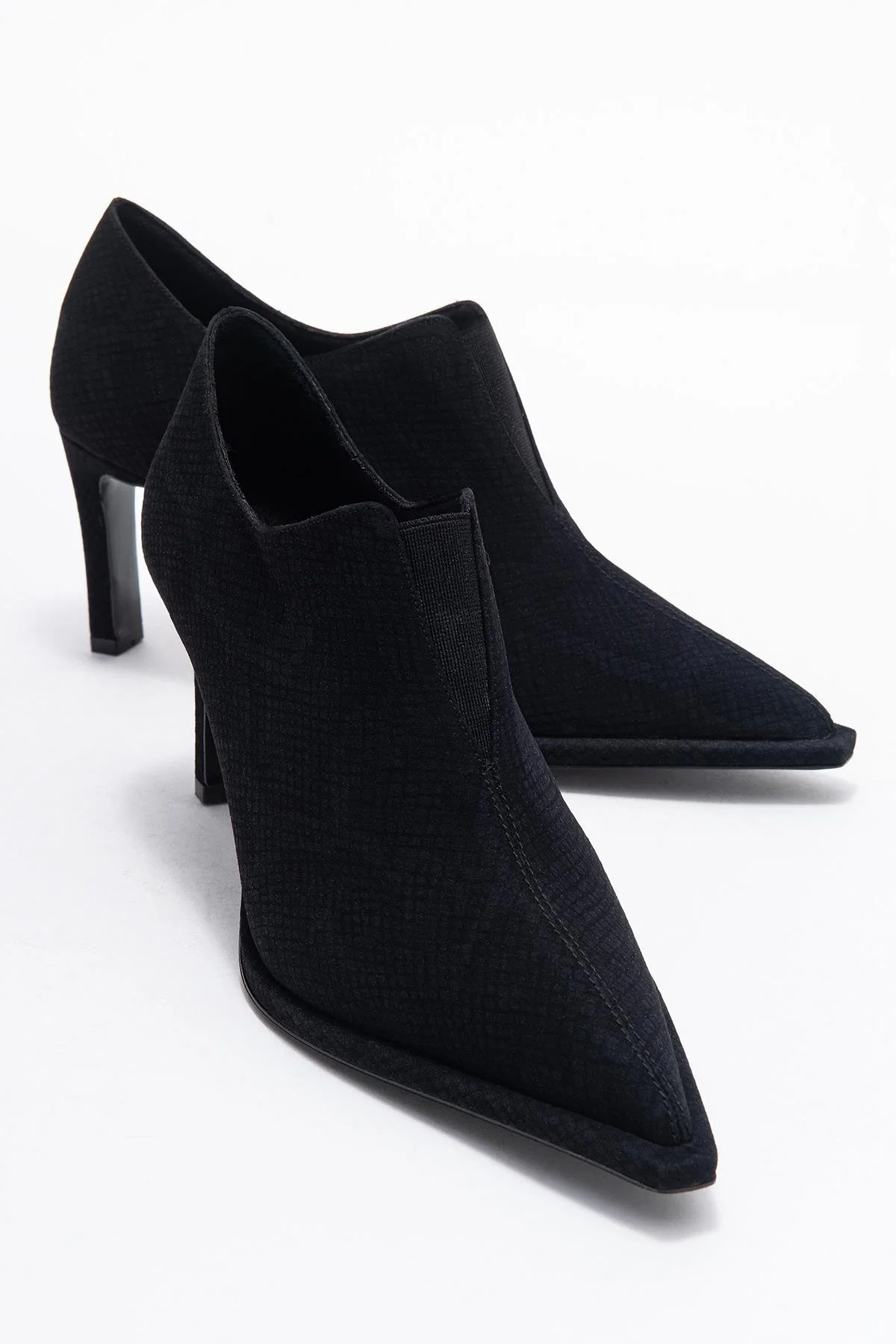 Alya - Black Patterned Elastic Ankle Stiletto Pump (Women)