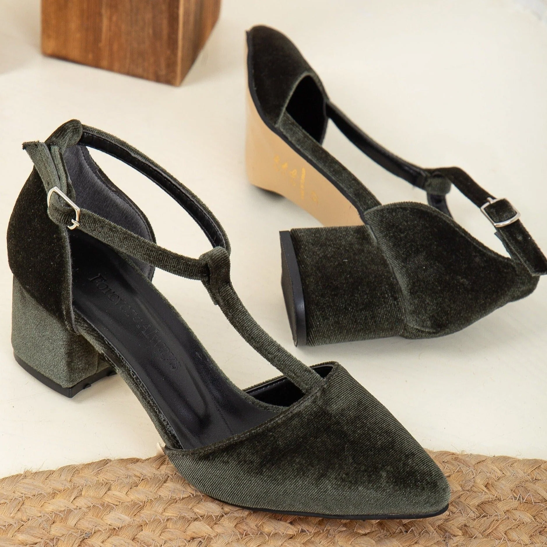 Anicette - Olive Green Velvet Pumps - Image 3