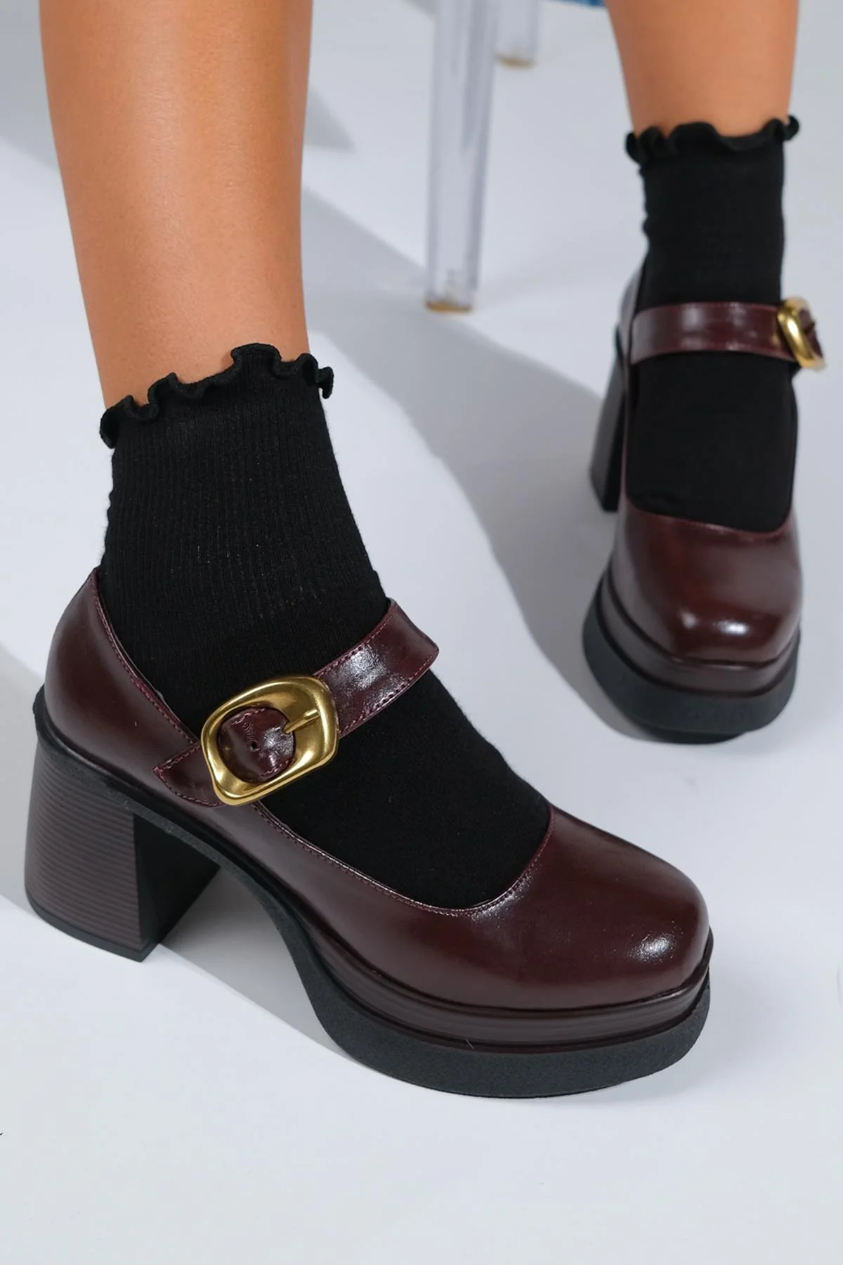 Ashes - Burgundy Gold-Buckle Platform Heel Shoe (Women) - Image 5