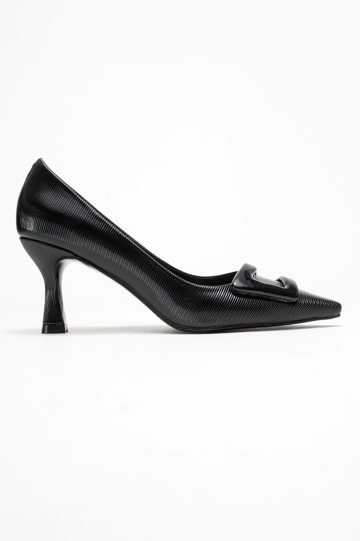Astra - Black Striped Buckle Stiletto Heeled Shoe (Women) - Image 6