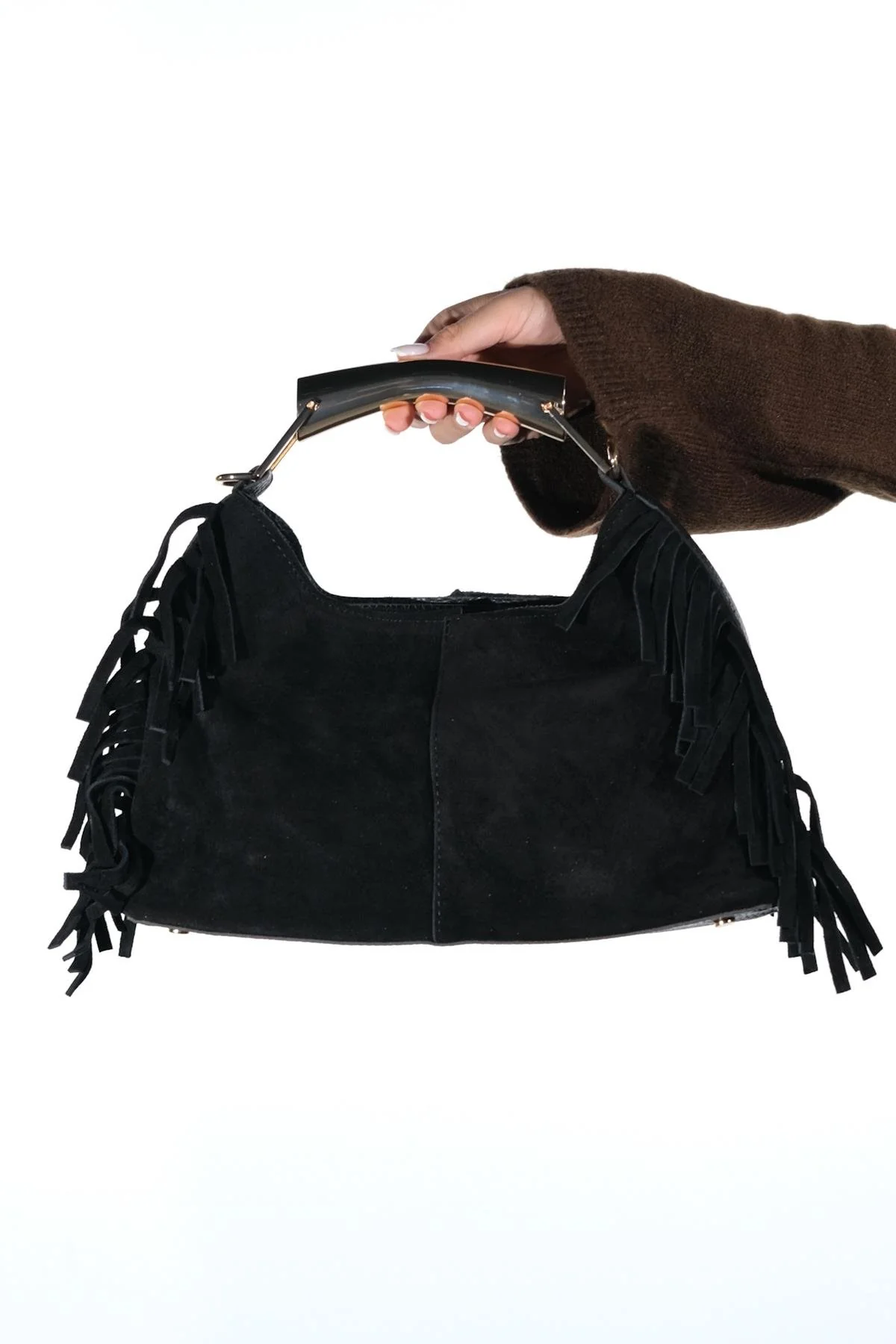 ASTREN - Black Genuine Suede Leather Fringe Shoulder Bag (Women)
