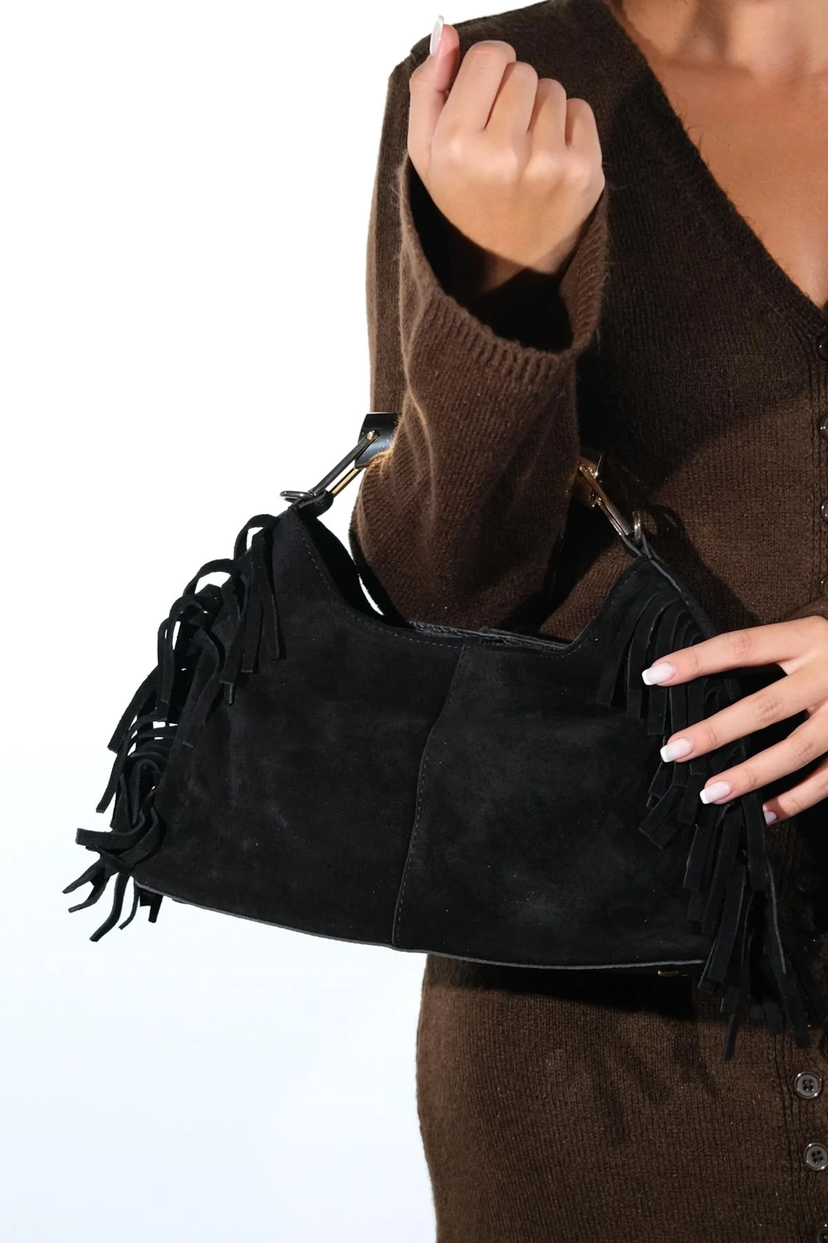 ASTREN - Black Genuine Suede Leather Fringe Shoulder Bag (Women) - Image 2