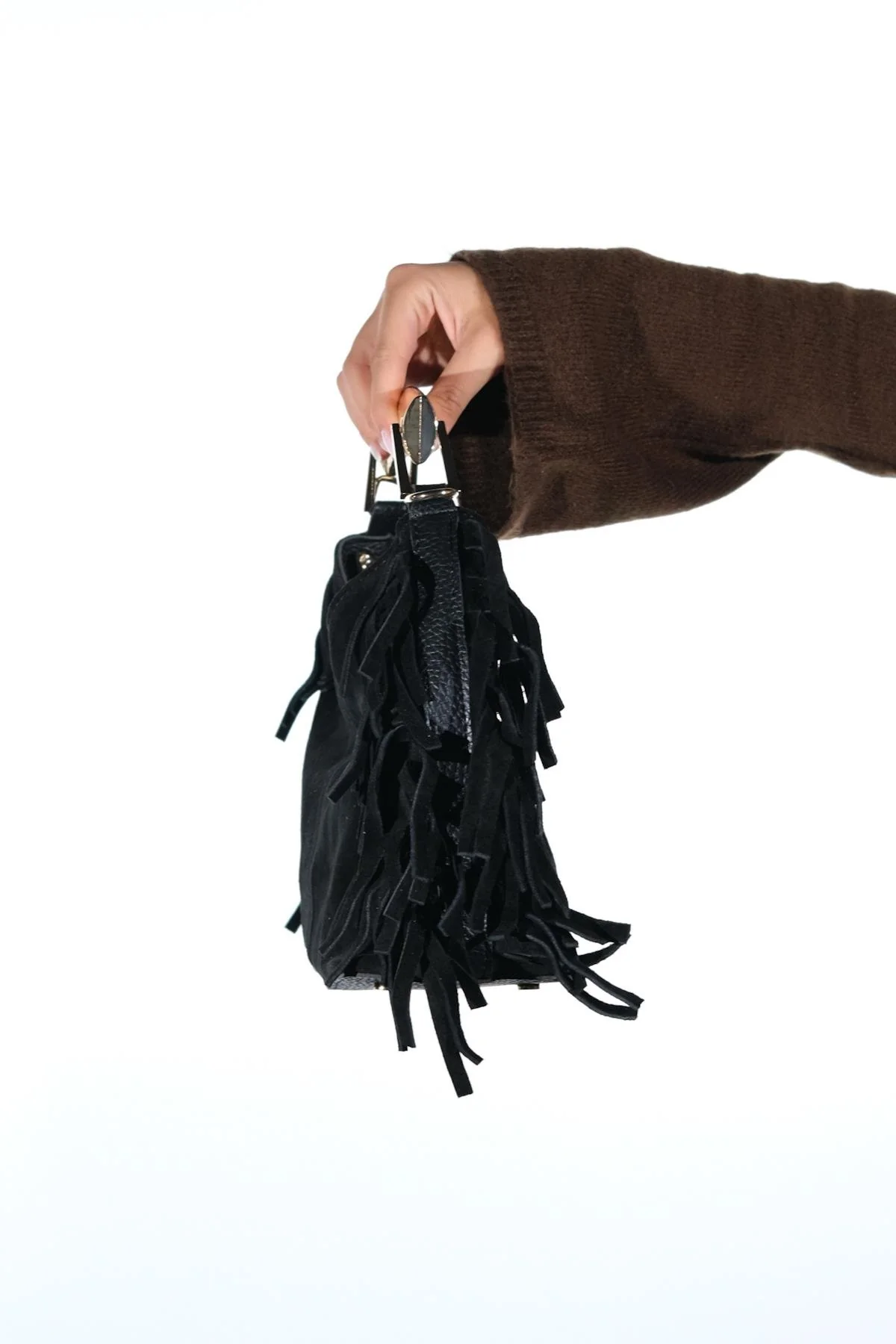 ASTREN - Black Genuine Suede Leather Fringe Shoulder Bag (Women) - Image 4