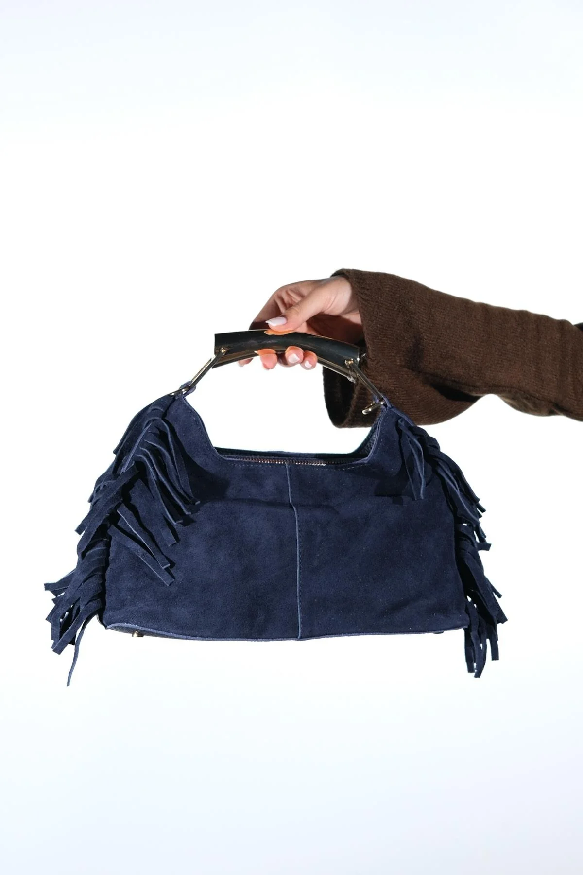 ASTREN - Navy Genuine Suede Leather Fringe Shoulder Bag (Women)