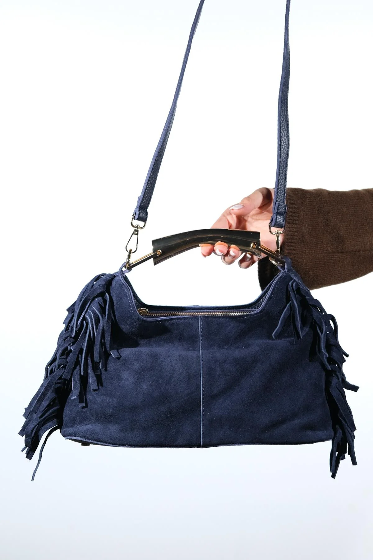 ASTREN - Navy Genuine Suede Leather Fringe Shoulder Bag (Women) - Image 2