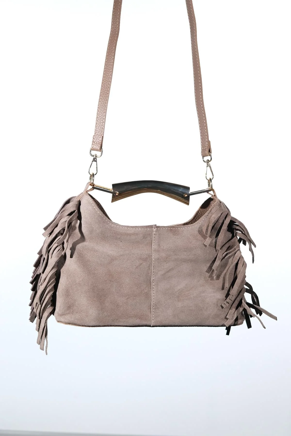 ASTREN - Taupe Genuine Suede Leather Fringe Shoulder Bag (Women) - Image 2