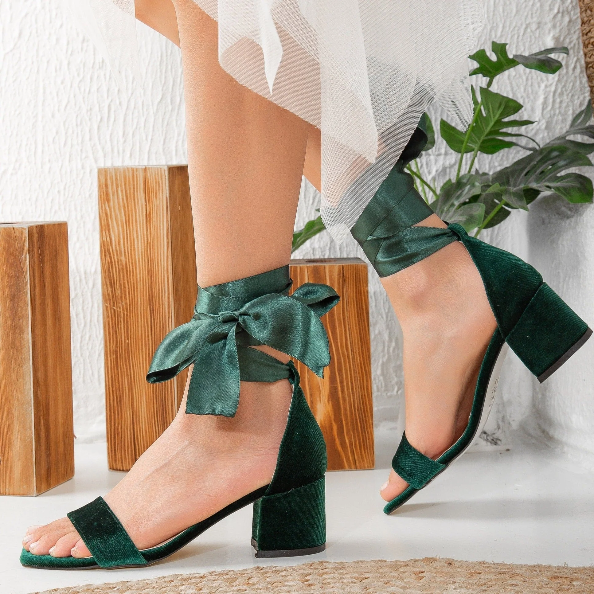 Athena - Green Velvet Sandals with Ribbon - Image 5