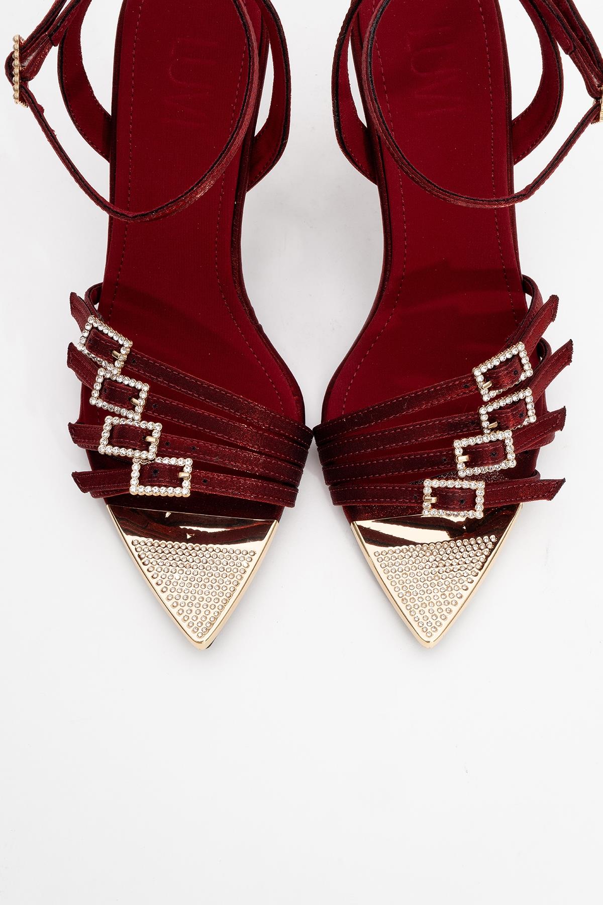 Auro - Burgundy Satin Embellished Buckled High Heel Pump (Women) - Image 2