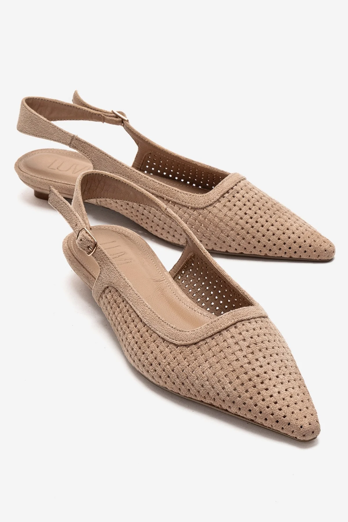 AVIVA - Beige Genuine Leather Pointed Toe Low Block Heel Pump (Women)
