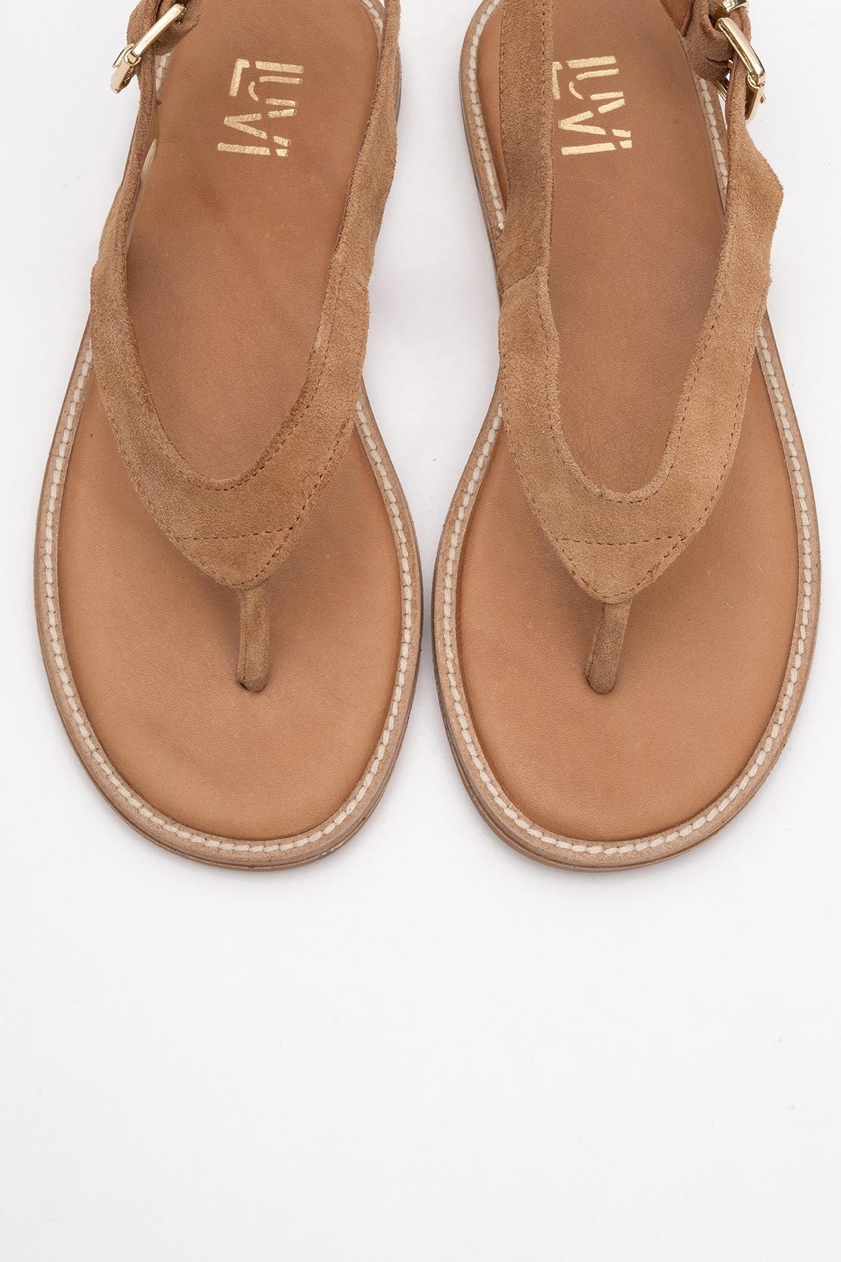 Belinda - Cognac Brown Suede Leather Thong Sandals (Women) - Image 2