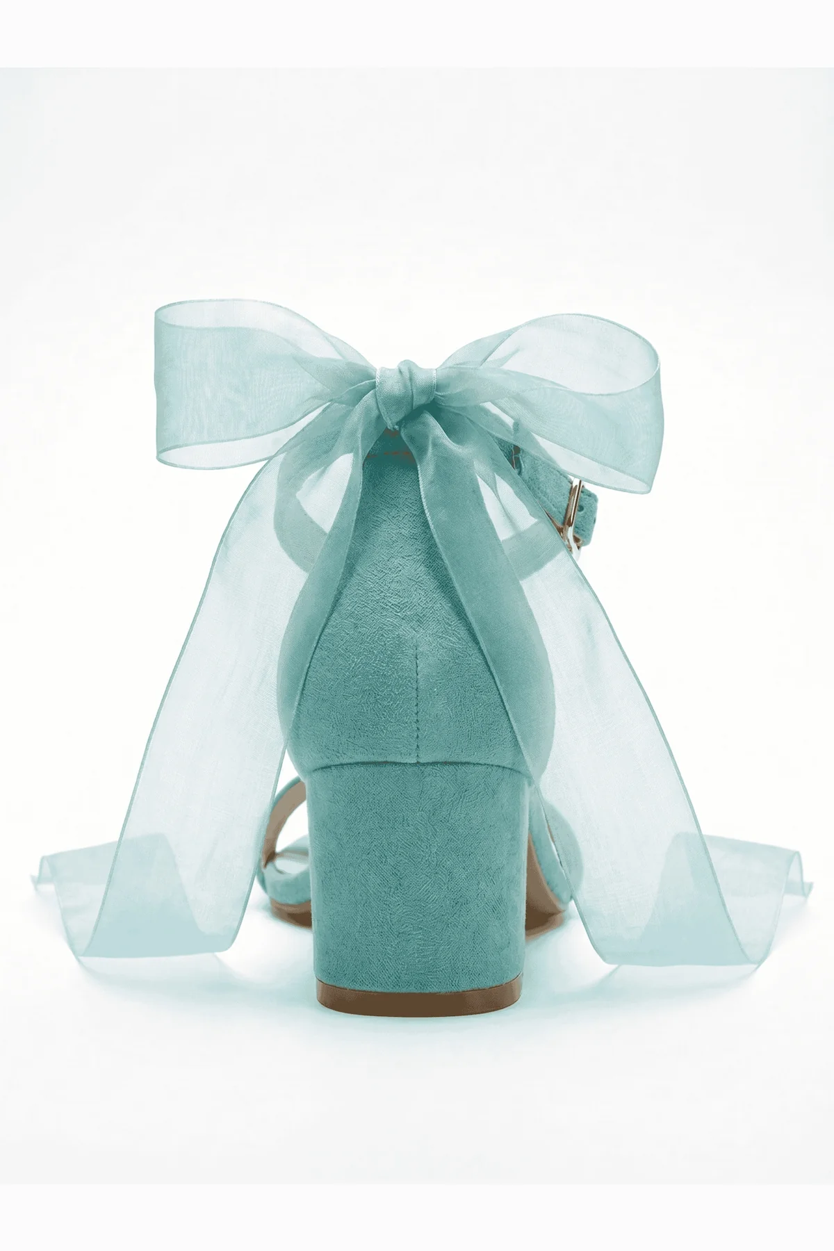Rochelle Aqua Suede Organza Tulle Ribbon Ankle Strap Block Heel Sandal - Image 3