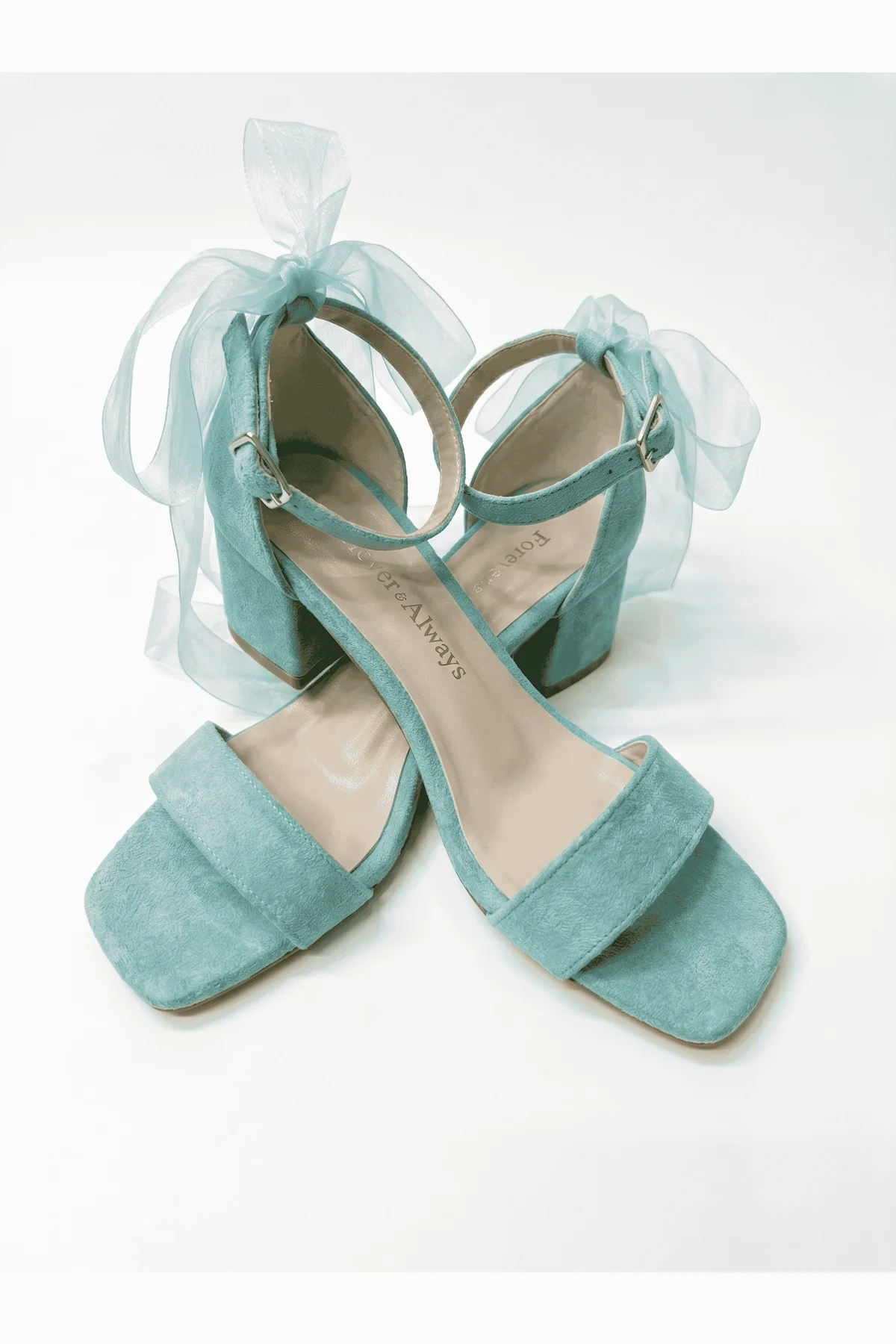 Rochelle Aqua Suede Organza Tulle Ribbon Ankle Strap Block Heel Sandal - Image 4