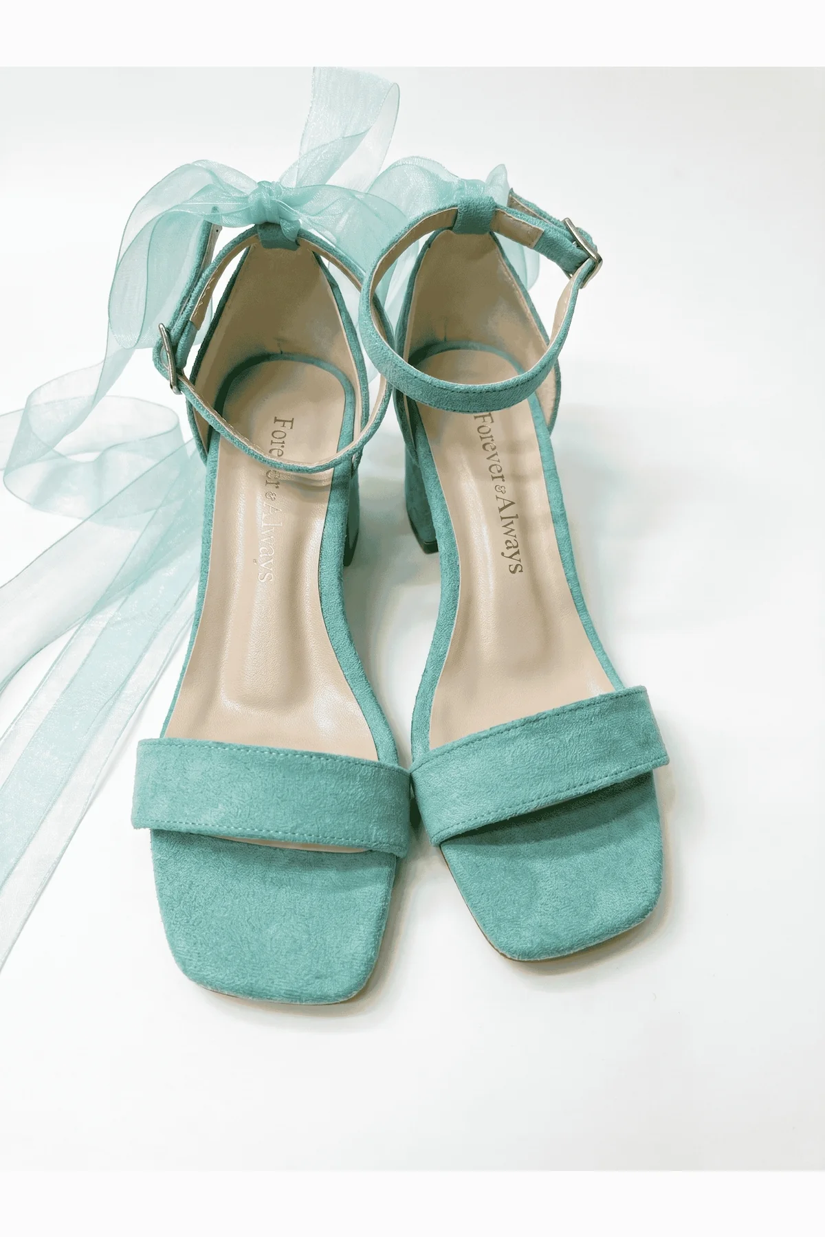 Rochelle Aqua Suede Organza Tulle Ribbon Ankle Strap Block Heel Sandal - Image 5