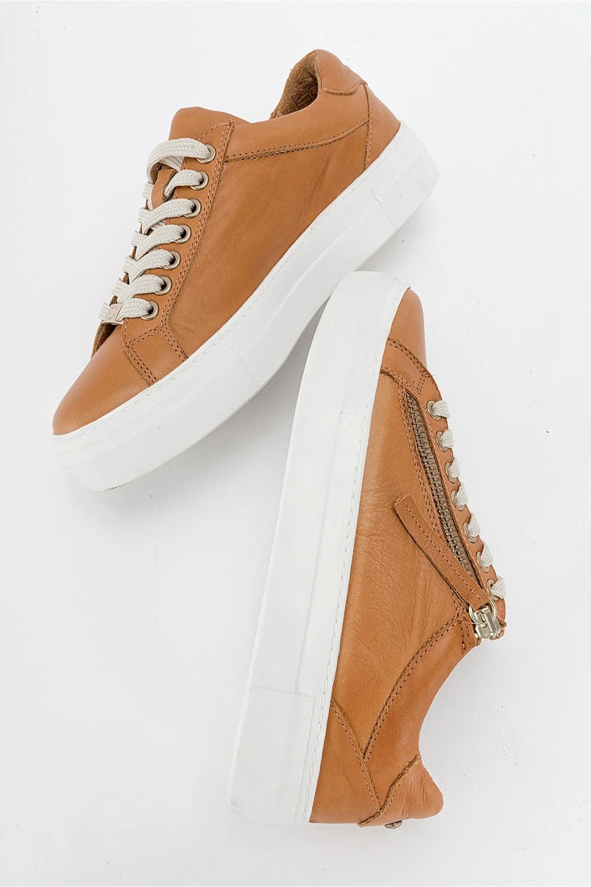 Beryl - Cognac Brown Leather Zip Sneaker (Women) - Image 3