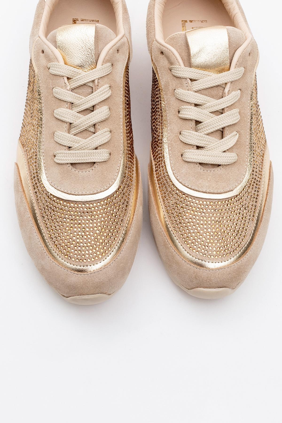 Bonia - Beige Suede Rhinestone Leather Sneakers (Women) - Image 2