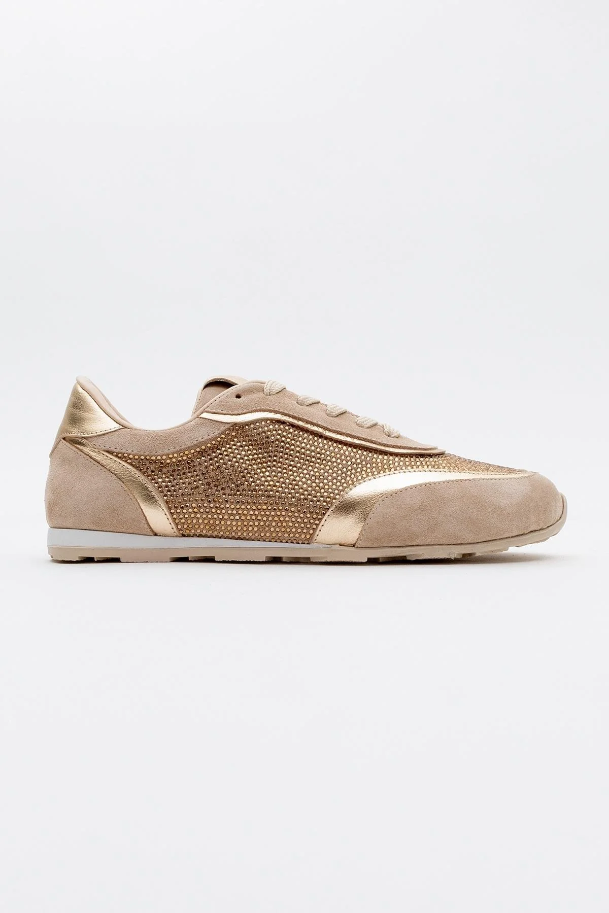 Bonia - Beige Suede Rhinestone Leather Sneakers (Women) - Image 5