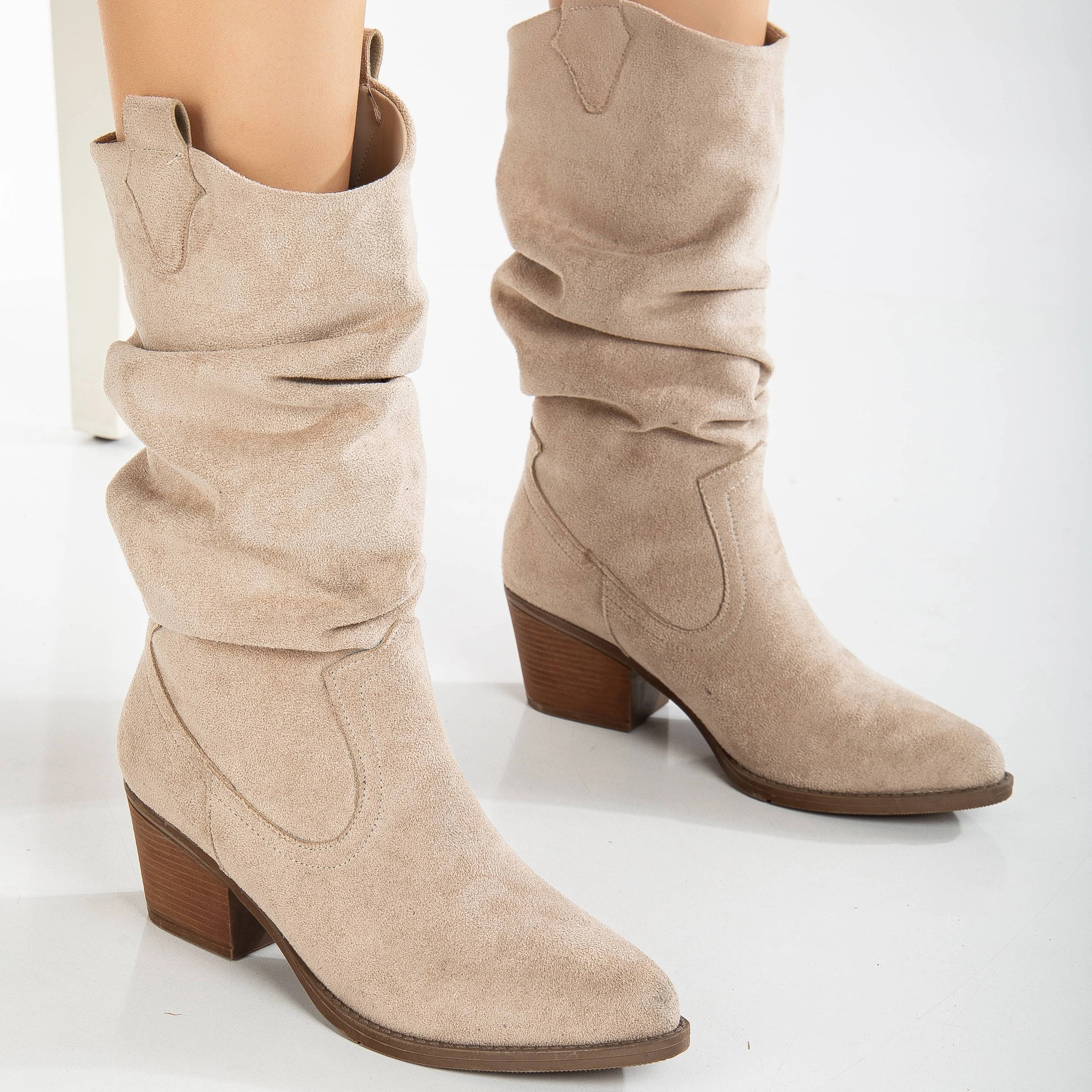 Bonnie - Beige Suede Slouch Western Boots - Image 4