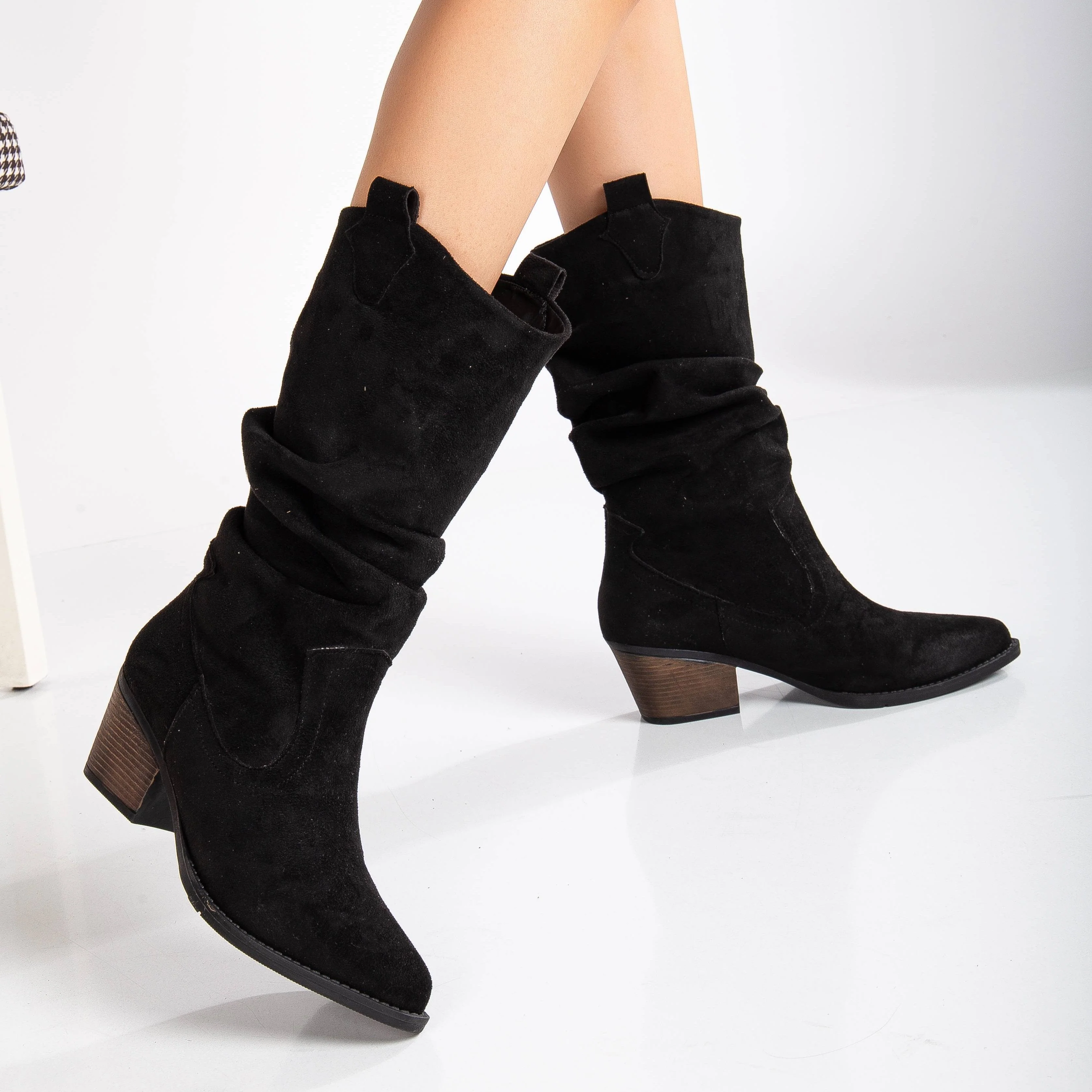Bonnie - Black Suede Slouch Western Boots - Image 2