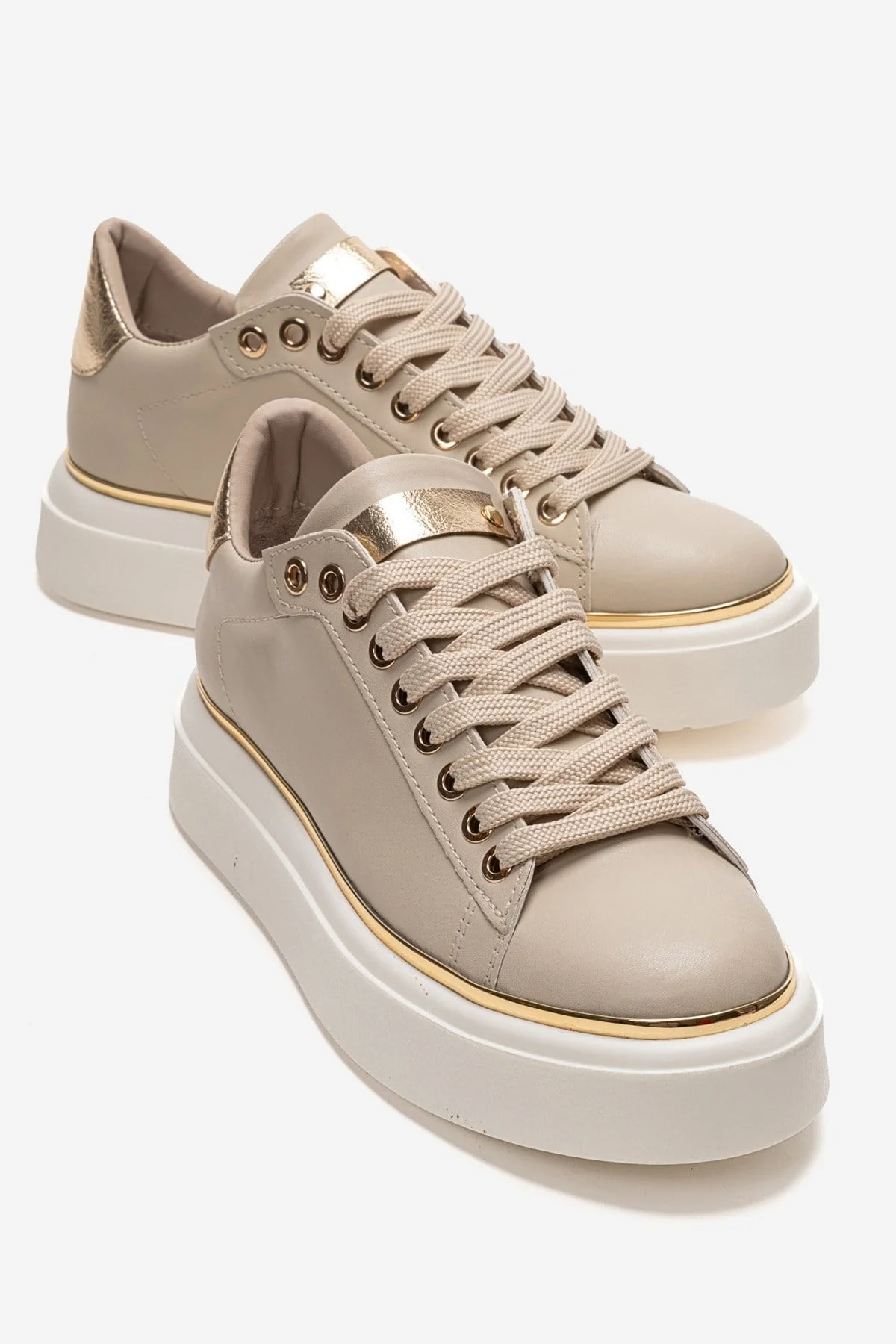 BORENA - Beige Genuine Leather Thick-Platform Casual Sneaker (Women)