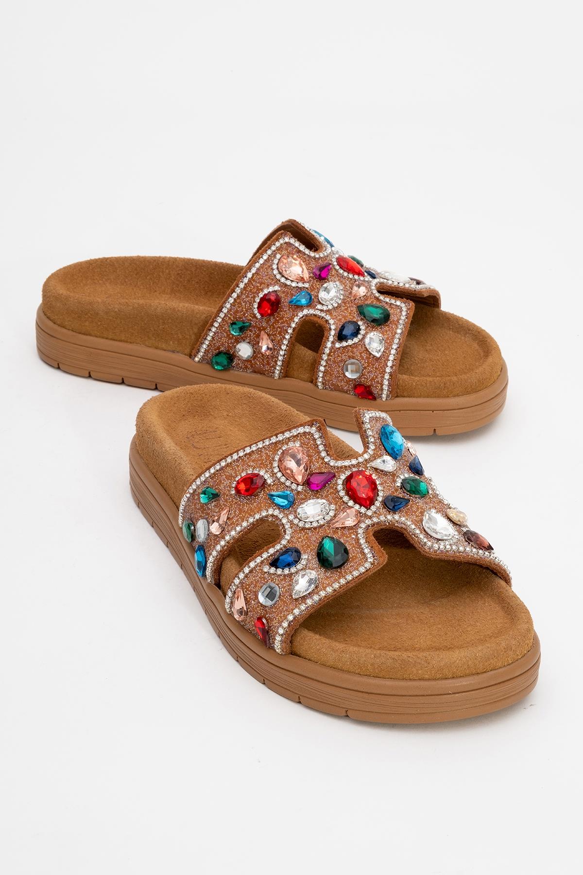 Brave - Cognac Genuine Leather Embellished Slide (Women)