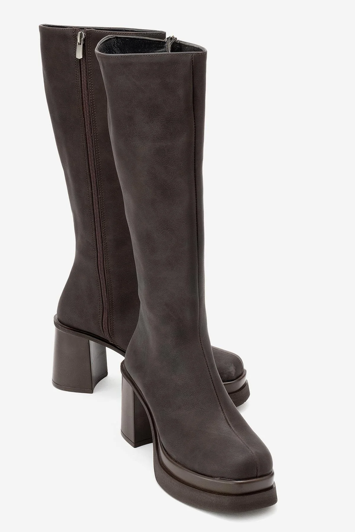 Carm - Brown Nubuck Platform Heel Mid-Calf Boot (Women)