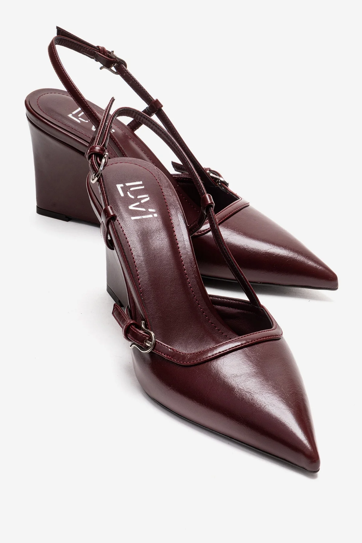 CELIA - Burgundy Genuine Leather Pointed Toe Wedge Heel Shoe (Women)