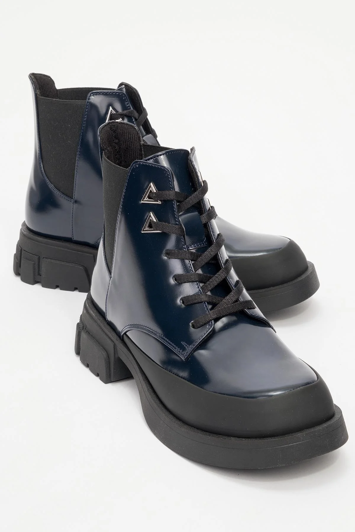 Challo - Navy Patent Lace-Up Elastic Ankle Boot (Women)