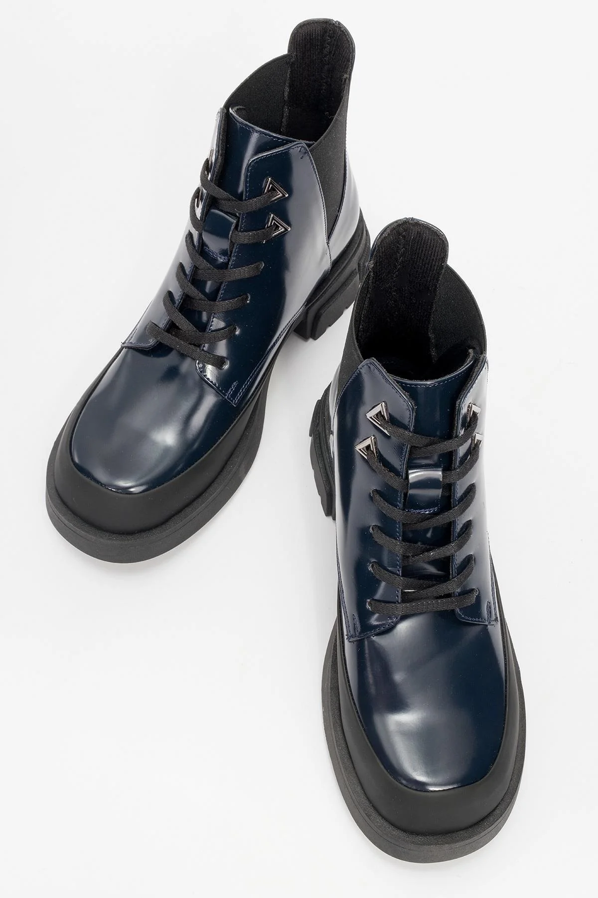 Challo - Navy Patent Lace-Up Elastic Ankle Boot (Women) - Image 2