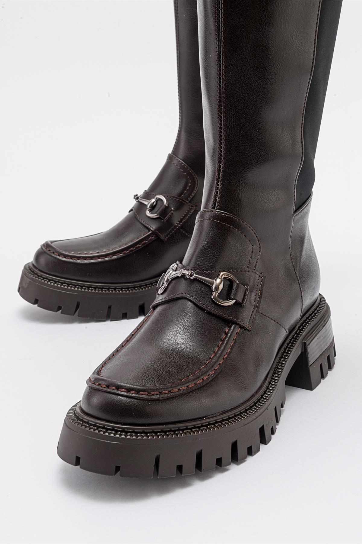 Chapel - Brown Leather Buckle Stretch Detail Boot (Women) - Image 4