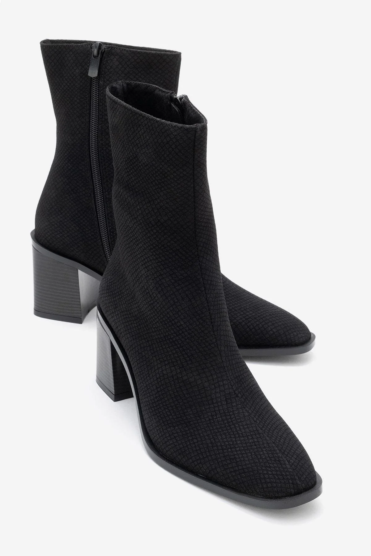 Chara - Black Patterned Block Heel Boot (Women)