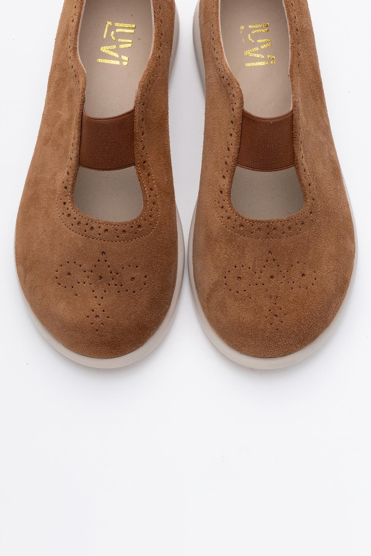 CHELLE Cognac Brown Suede Elastic Leather Flat (Women) - Image 2