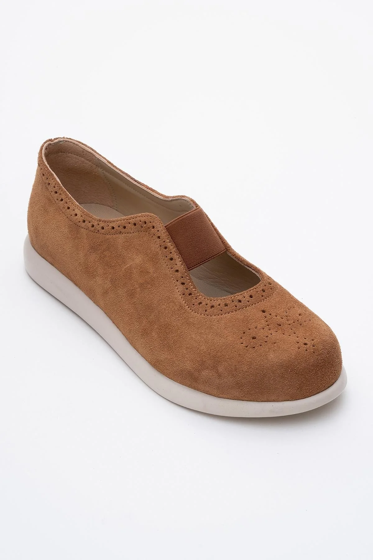 CHELLE Cognac Brown Suede Elastic Leather Flat (Women) - Image 3