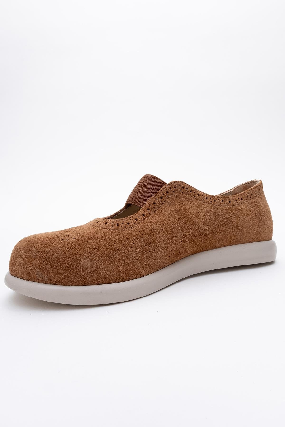 CHELLE Cognac Brown Suede Elastic Leather Flat (Women) - Image 4