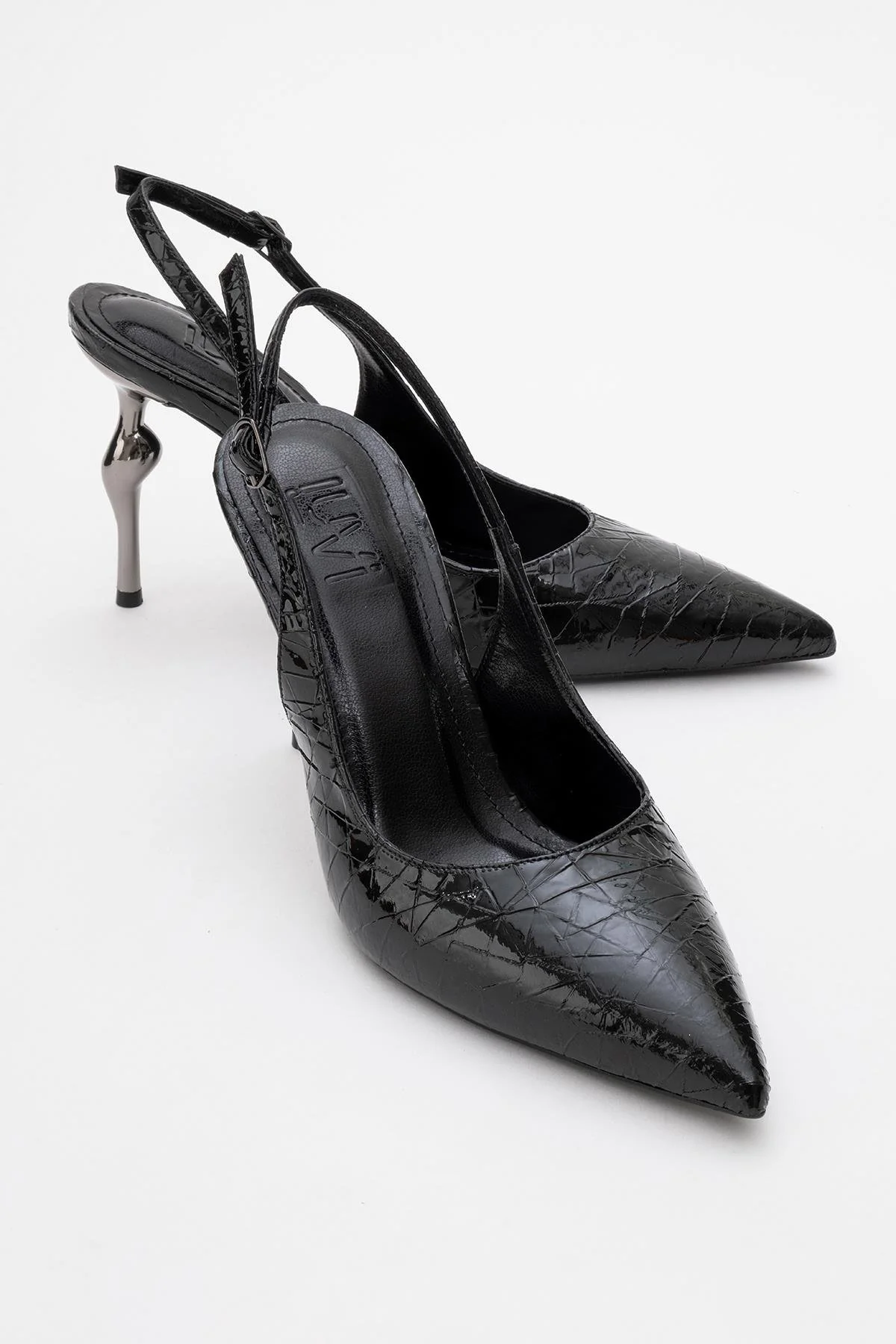 Chica - Black Patterned Backless Pointed High Heel (Women)