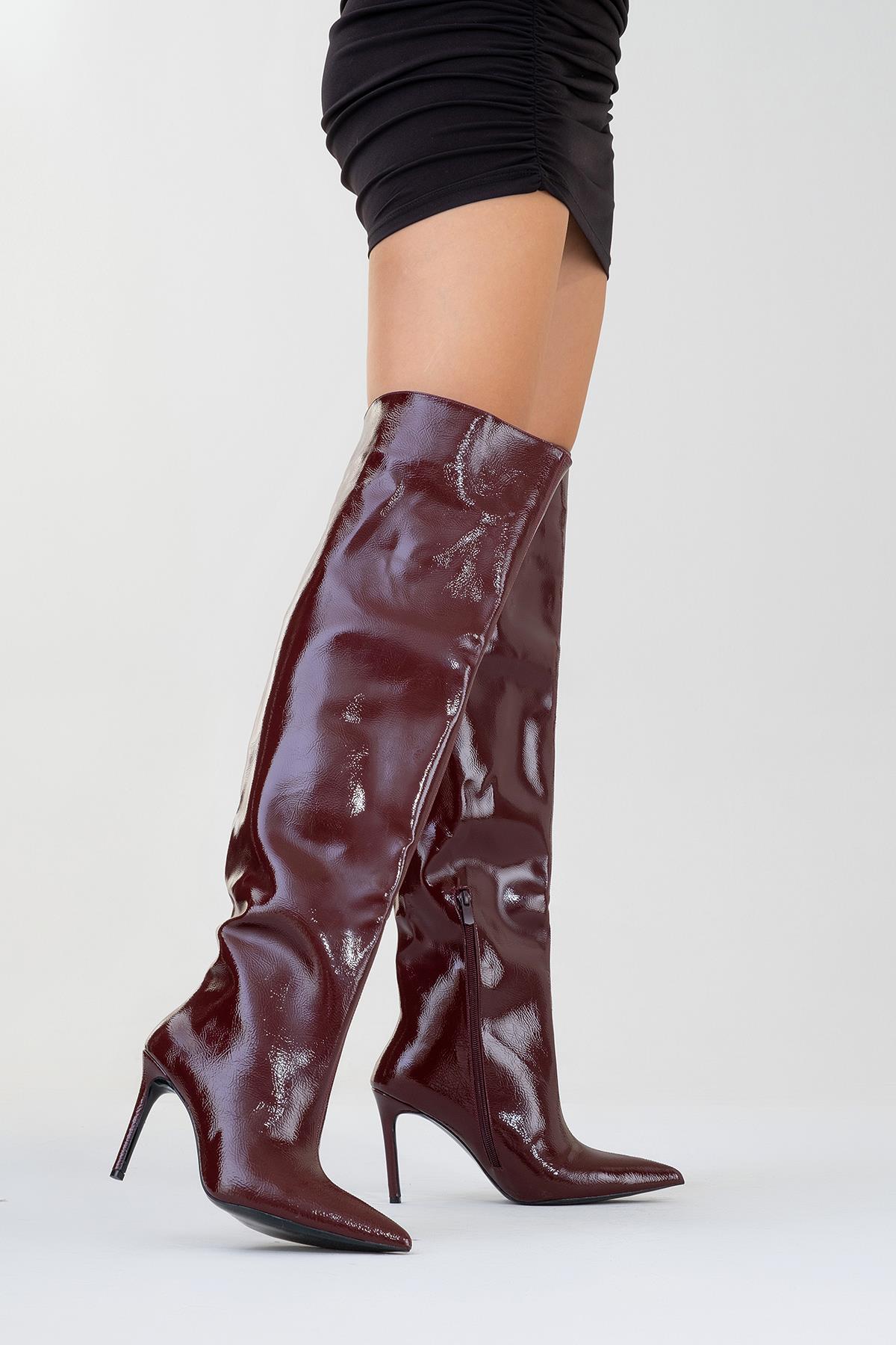 Cleja - Burgundy Patent Stiletto Heel Over-The-Knee Boot (Women) - Image 2