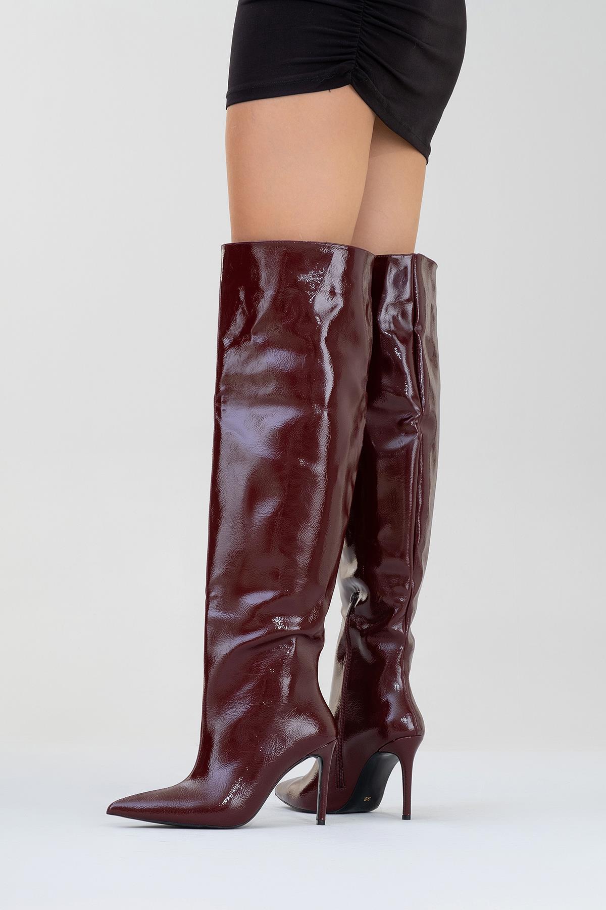 Cleja - Burgundy Patent Stiletto Heel Over-The-Knee Boot (Women) - Image 8