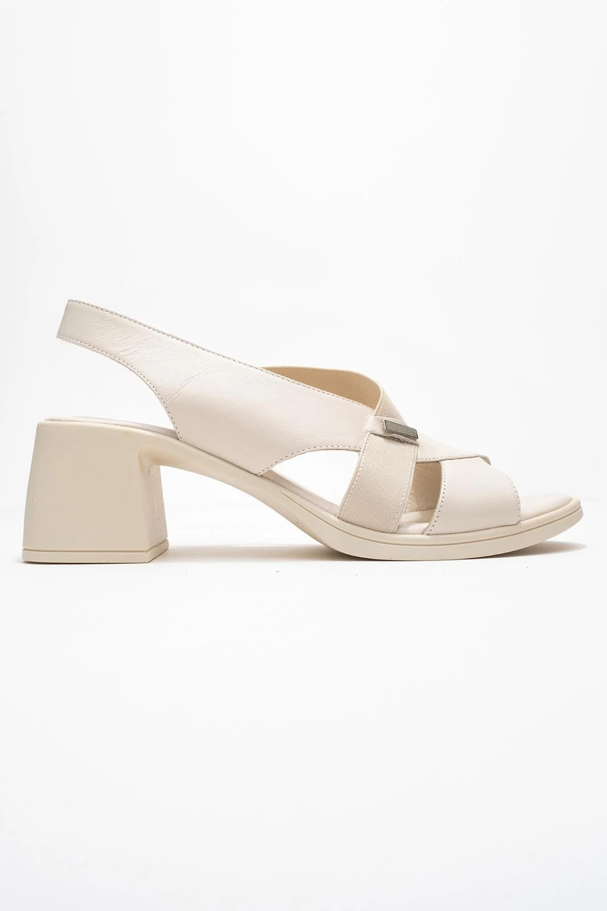 Crina Beige Elasticated Leather Chunky Heel Sandal (Women) - Image 6