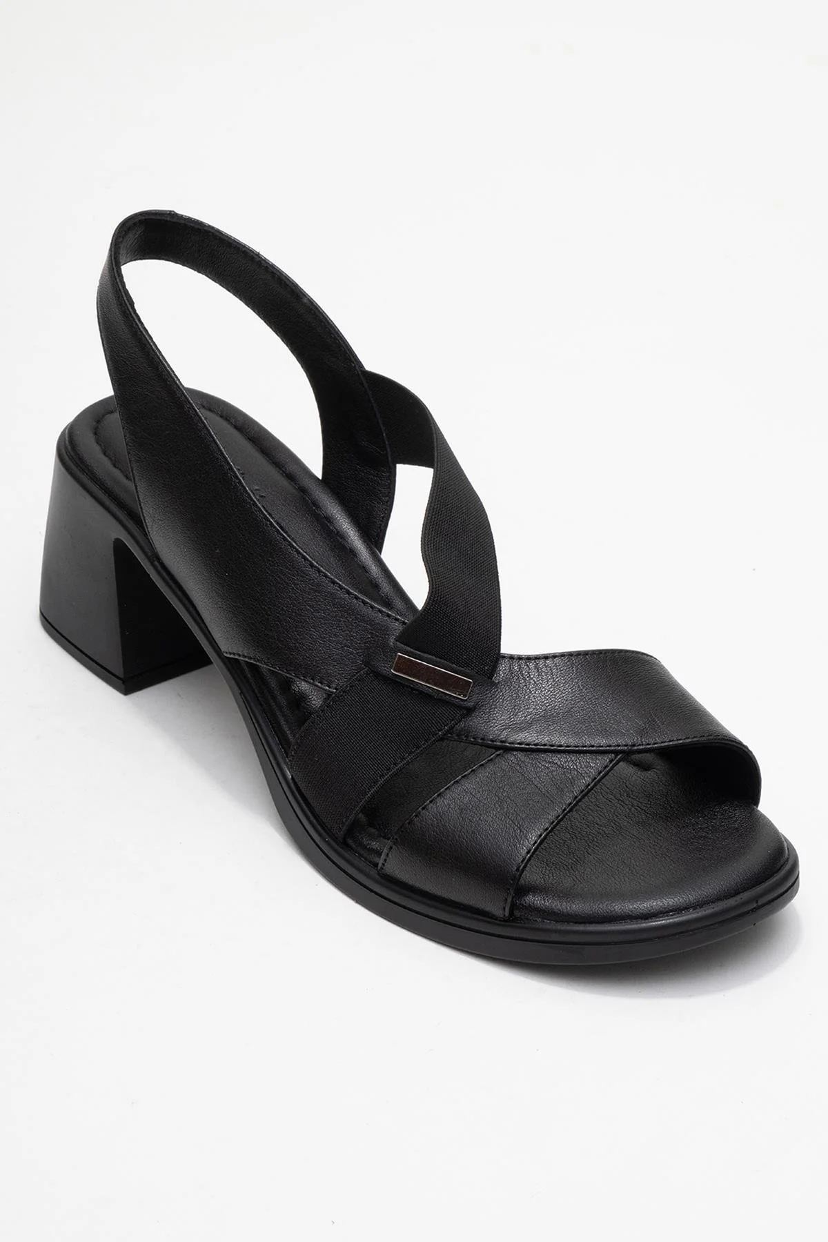 Crina Black Elasticated Leather Chunky Heel Sandal (Women) - Image 3