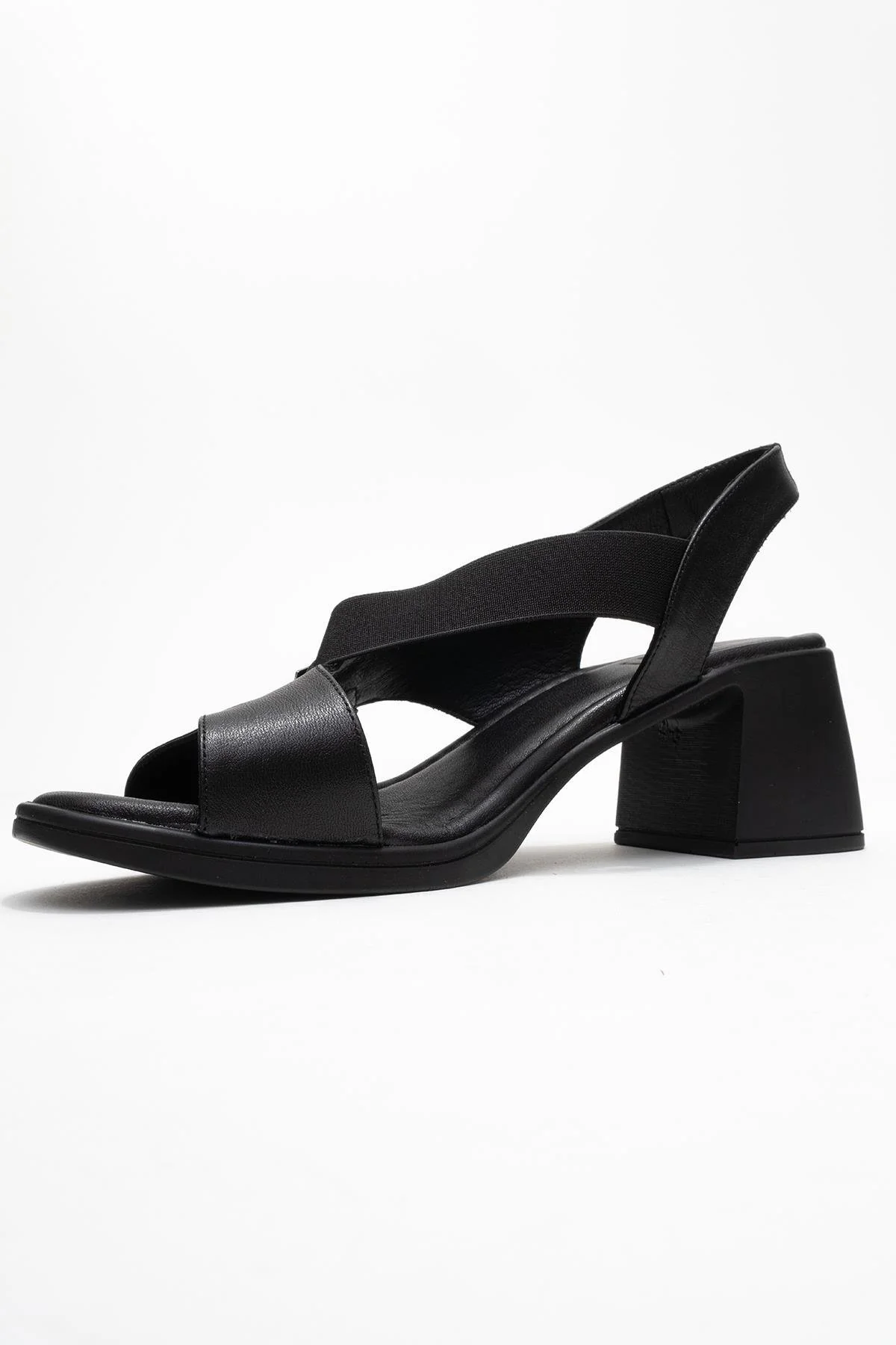 Crina Black Elasticated Leather Chunky Heel Sandal (Women) - Image 4