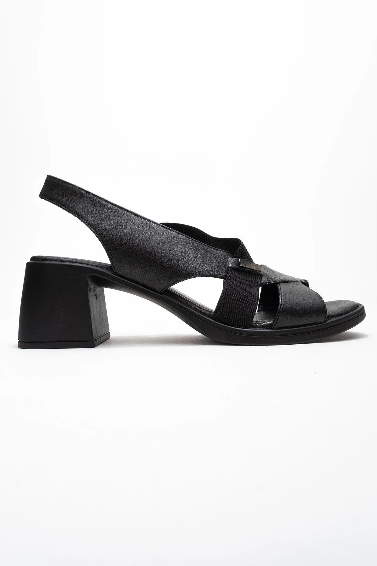 Crina Black Elasticated Leather Chunky Heel Sandal (Women) - Image 6