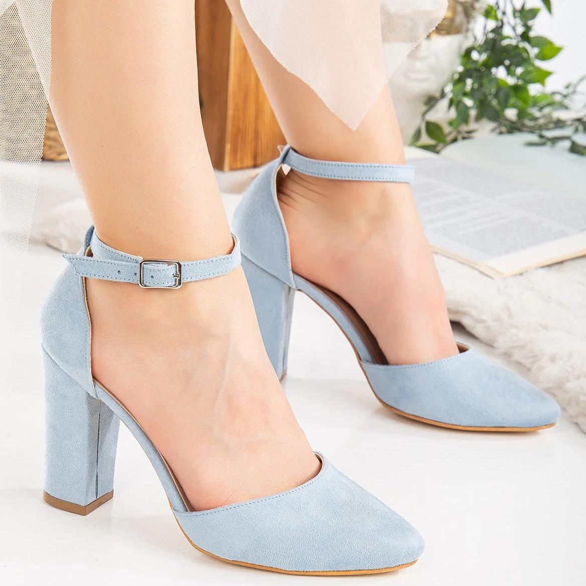 Denise - Baby Blue Suede Wedding Heels with Pearls - Image 8
